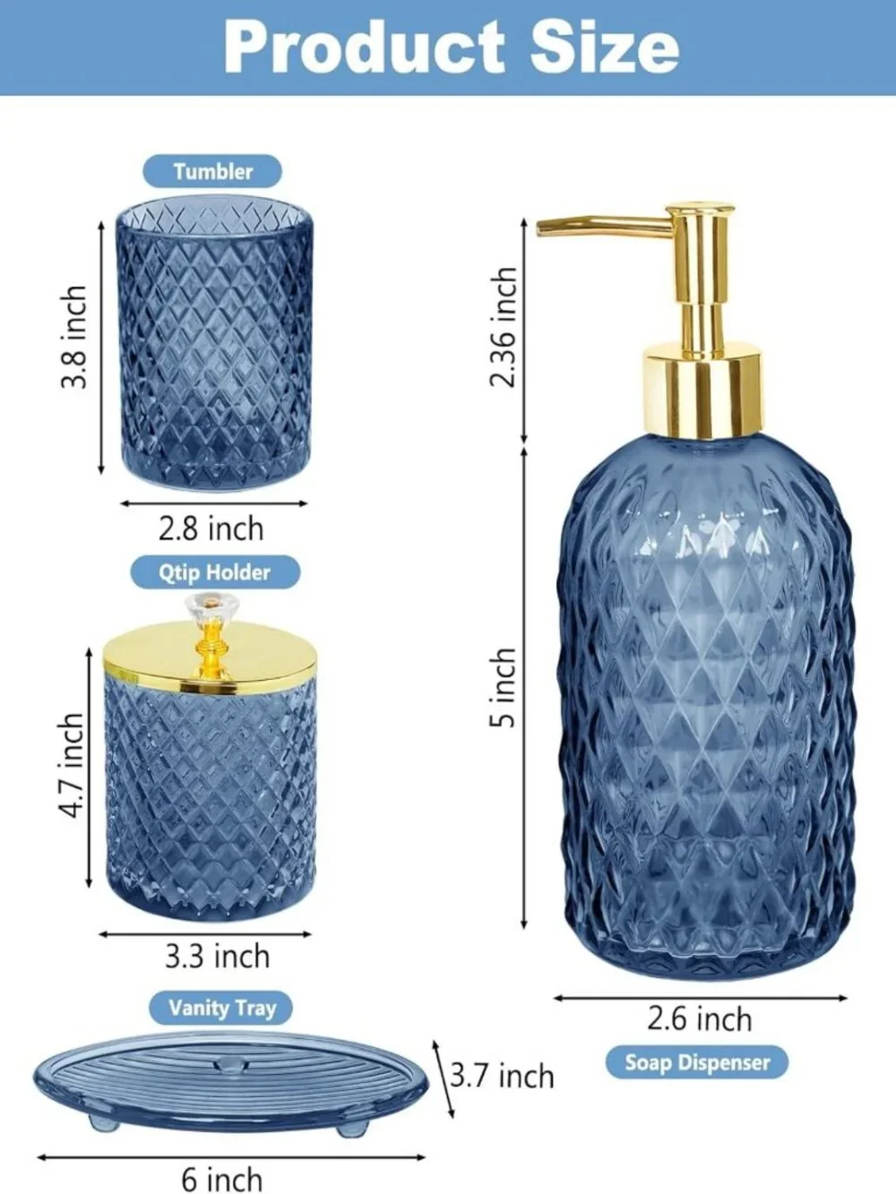 Navy Blue Glass Bathroom Accessories Set - 4 Piece Stylish Decor for Home